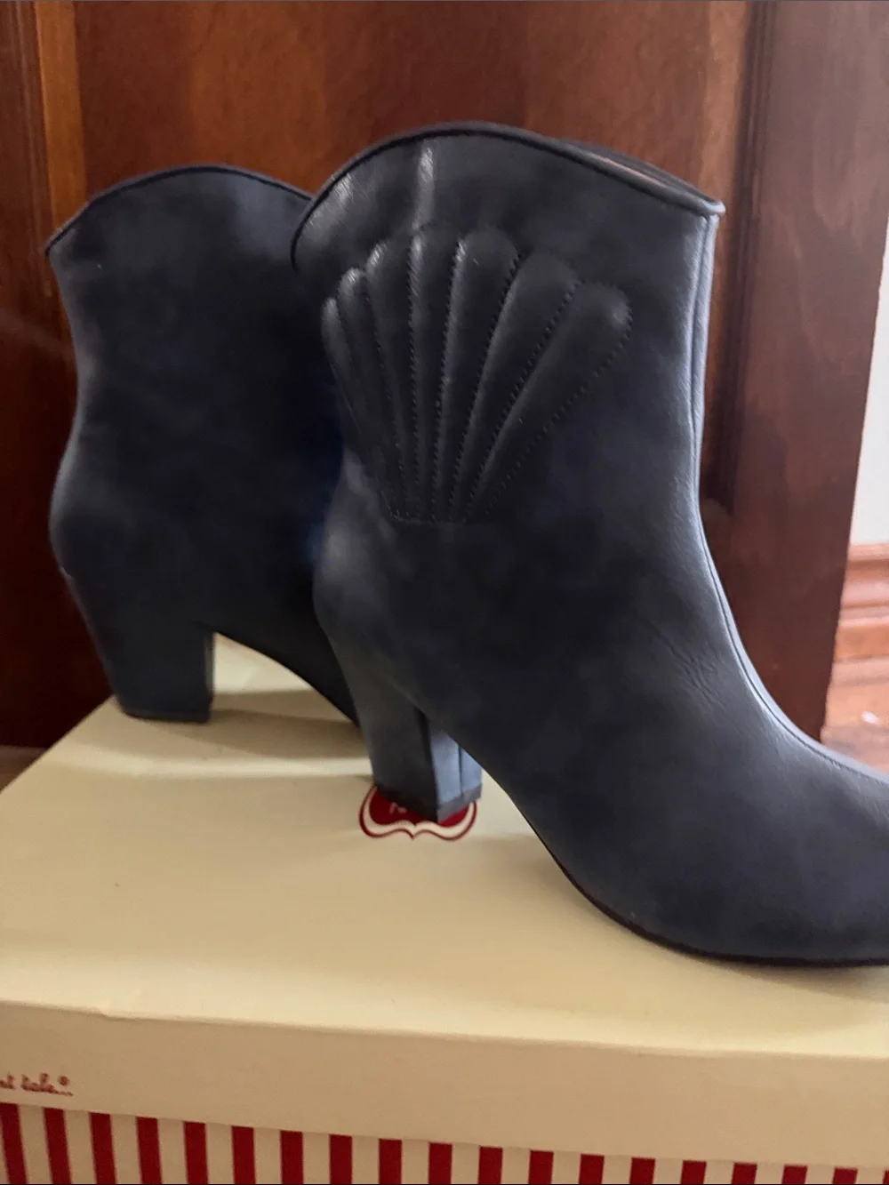 Navy Leather Ankle Booties with Scallop Stitch Accent